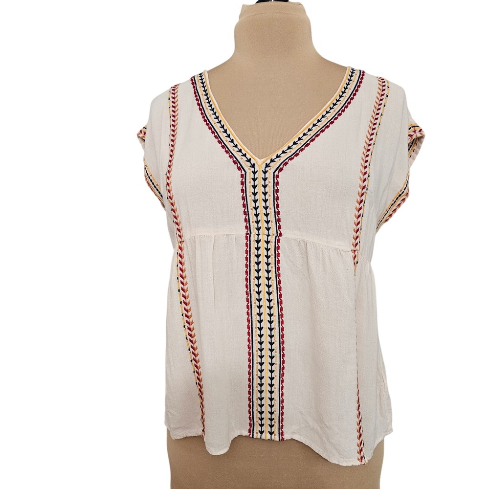 Altar'd State Womens Small Cream Embroidered Babydoll Peasant Blouse Cap Sleeve